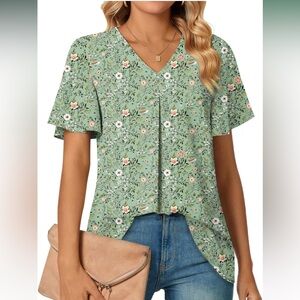 Floral V-Neck Short Sleeve Blouse - Sage Green